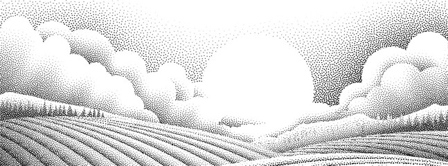 Naklejka premium Fields rolling hills and mountains farm landscape background illustration with countryside mountains, sunrise sun, clouds and trees. Original rural background drawing in vintage pointillism dot style