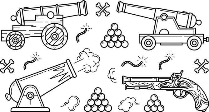 Vintage pirate cannons and antique flintlock pistol line art vector set