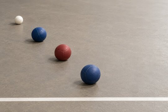 Boccia Balls Spaced across a Gray Indoor Court
