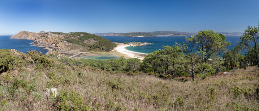 panoramic view of cies islands and rodas beach at natural park in galicia spain