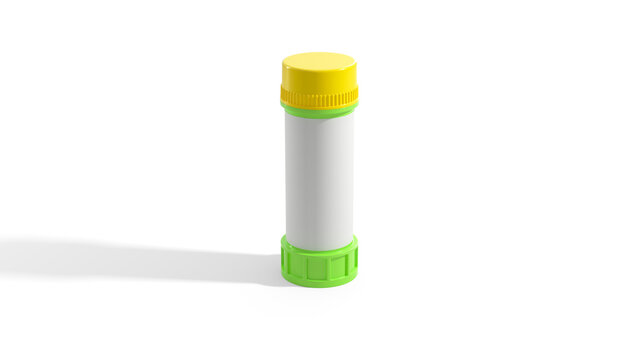 Blank green plastic tablet tube with yellow cap three quarter view on white background