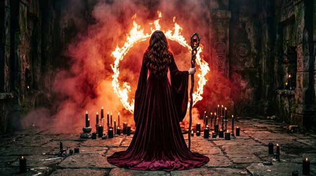 Sorceress holding a staff before a blazing circular portal in a dark stone chamber surrounded by candles and smoke