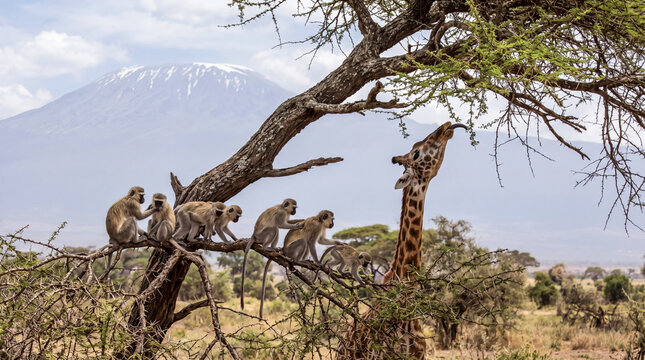 Group of vervet monkeys sitting on acacia tree branch with giraffe