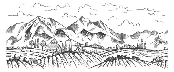 Naklejka premium A mountain range with a house in the valley
