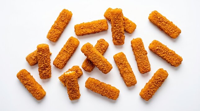 Golden Crispy Breaded Fish Sticks Arranged On White Background.