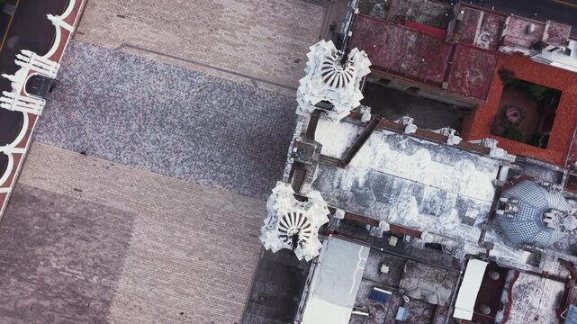 Top down aerial view of the domes of the Ocotlan Basilica, Tlaxcala, Mexico