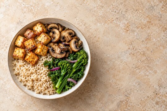 Tofu Mushroom Rice Bowl with Green Vegetables