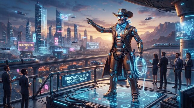 Cyberpunk cowboy stands on glowing platform. He gestures toward futuristic city skyline. Distant neon signs illuminate urban skyline. Onlookers watch from platform edges