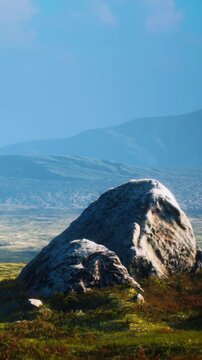 A large rock is located in a grassy area during daylight. Mountains rise in the background under a clear sky. This scene shows nature with open space and greenery.