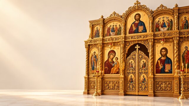 Golden Orthodox Iconostasis with Carved Doors beside a Cream Wall