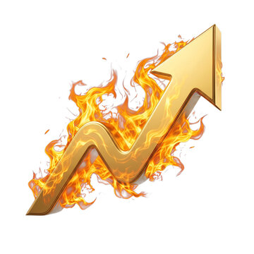 Golden arrow pointing upward engulfed in bright blazing fire flames
