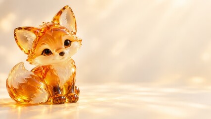 Fototapeta premium Amber Glass Fox Cub Figurine with a Curled Tail and Warm Golden Reflections