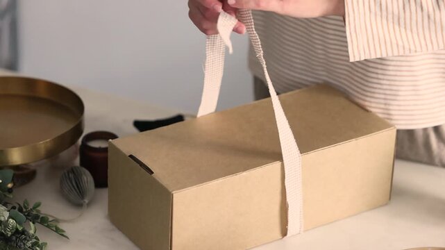 Woman tying a plaid ribbon bow onto kraft cardboard gift box for Christmas