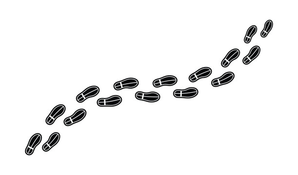 Set of black footprint tracks walking in a curved path with footprint icon