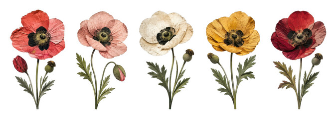Naklejka premium PNG Watercolor collection of colorful poppy flowers with stems