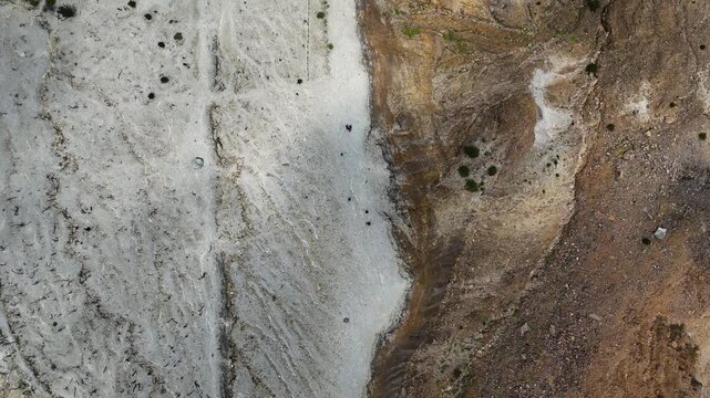 Aerial view of the rugged volcanic terrain and mineral deposits of Mount Papandayan in Garut, West Java, Indonesia.