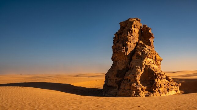 Large textured sandstone rock formation in a golden sandy desert under blue sky