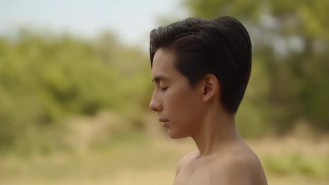 Calm teen boy side profile with eyes closed outdoors slow breathing meditation 60 FPS