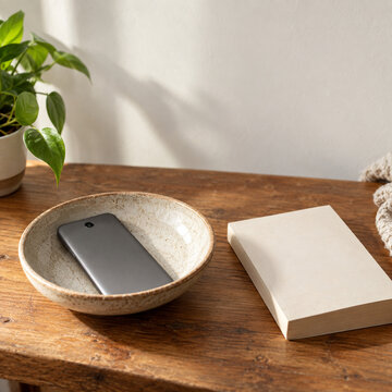 Phone face down beside a book for an offline break