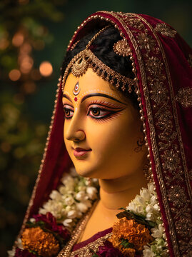 Goddess Durga idol closeup portrait decorated with traditional jewelry and red veil for festival celebration