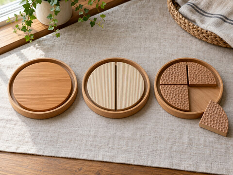 Textured wooden fraction circles with whole halves and quarters