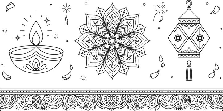 Diwali Festival Vector Element Set featuring Traditional Diya Oil Lamp Mandala Rangoli Art Hanging Lantern and Paisley Border Ornament for Indian Celebration Designs
