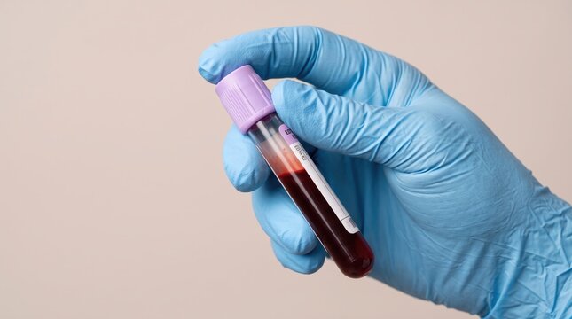 A healthcare professional wearing protective gloves gently holds a blood collection tube prepared for important medical testing and detailed laboratory analysis