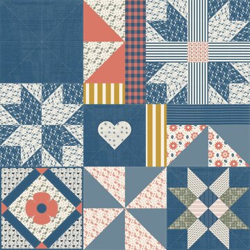 Vintage country patchwork quilt seamless pattern with rustic denim blue, coral red, and mustard yellow geometric quilt blocks. Traditional star motifs, pinwheels, hearts, gingham, and floral patchwork