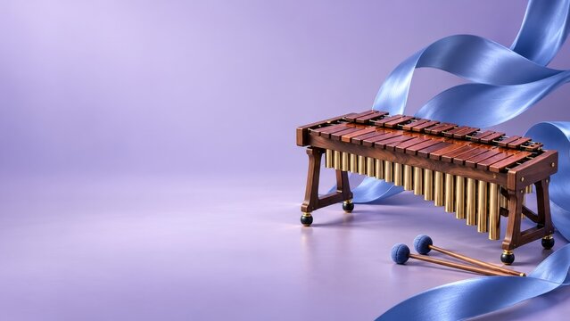Wooden marimba with golden resonators and blue yarn mallets in purple
