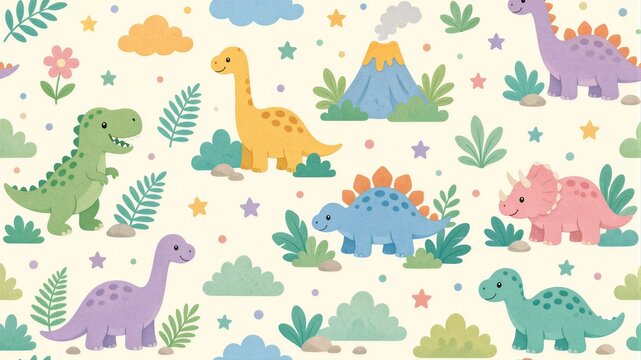 Cute dinosaurs roam playful prehistoric landscape. Bright colors paint a cheerful, childlike world. Volcano, clouds, and flowers add whimsical charm. Dinosaurs appear friendly, gentle, and curious
