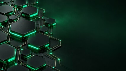 Fototapeta premium Black Hexagonal Circuit Tiles with Emerald Edges and Dark Copy Space