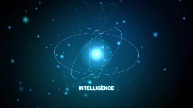 Abstract quantum computing technology background featuring glowing atomic orbitals and futuristic digital particles in deep blue