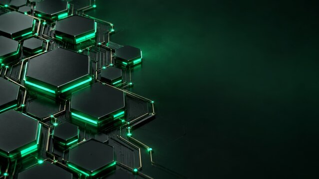 Black Hexagonal Circuit Tiles with Emerald Edges and Dark Copy Space