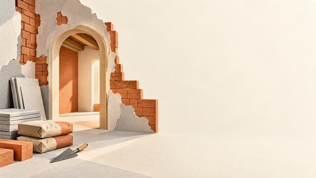 Paper Style Renovation Arch With Exposed Bricks and Construction Supplies