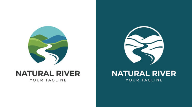 Modern natural river landscape logo design featuring flowing water and green hills inside circle