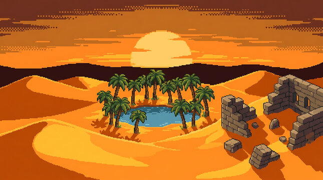 Pixel art desert oasis with palm trees and old ruins during warm sunset