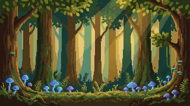 Pixel art forest landscape with glowing blue mushrooms and tall trees
