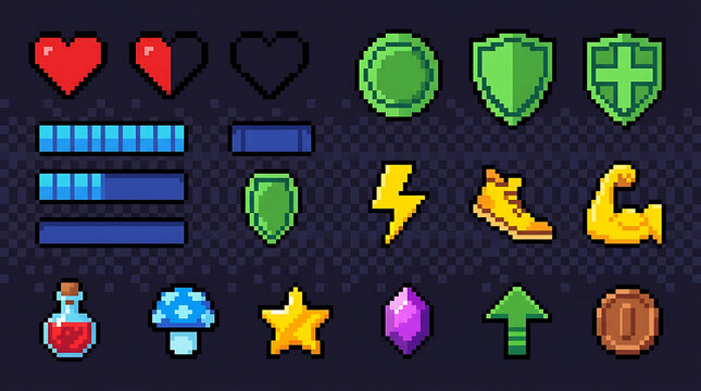 Pixel art game interface icons set with health bars and power ups