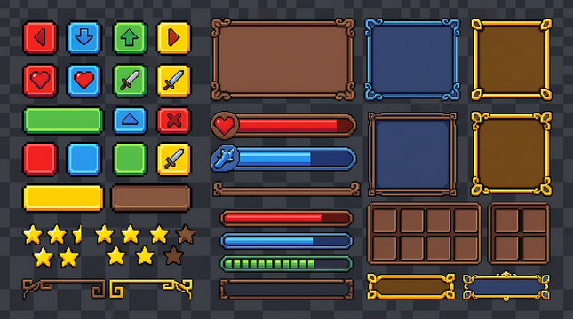 Pixel art game interface kit with colorful buttons and decorative frames