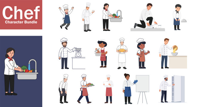 Set of professional chefs in various cooking poses