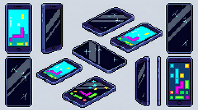 Pixel art mobile phone set with isometric and front view game screens