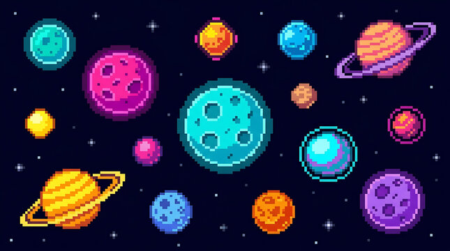 Pixel art planets in outer space background with colorful retro stars