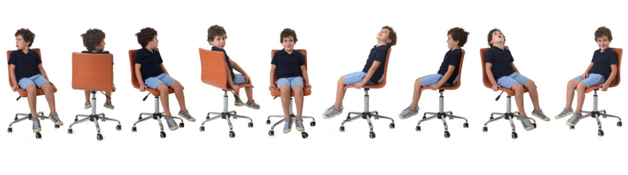 line of same boy sitting on chair dressed in summer clothes on white bacground