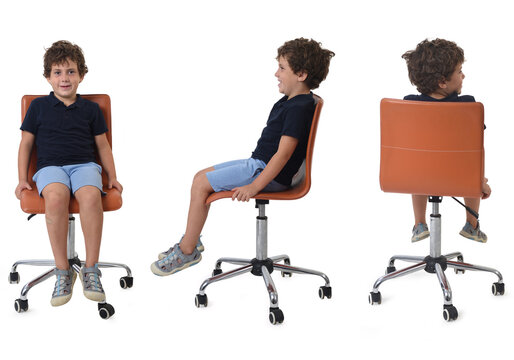 front,side and back  view of a same boy sitting on chair dressed in summer clothes on white bacground