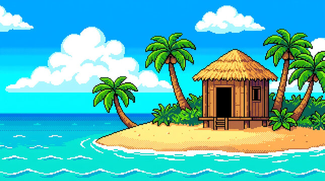 Pixel art tropical island beach with hut and palm trees