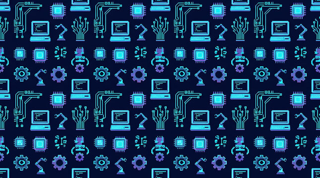 Retro pixel art pattern featuring digital computing and robotic components