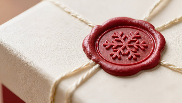Cream gift box sealed with red wax snowflake stamp and tied with twine, close up macro in soft warm light showing textured paper, conceptual christmas gift wrapping and holiday tradition concept