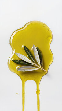 Golden extra virgin olive oil puddle with fresh olive branch and leaves, top view on white surface with glossy oil drips, conceptual mediterranean natural product and healthy olive oil concept