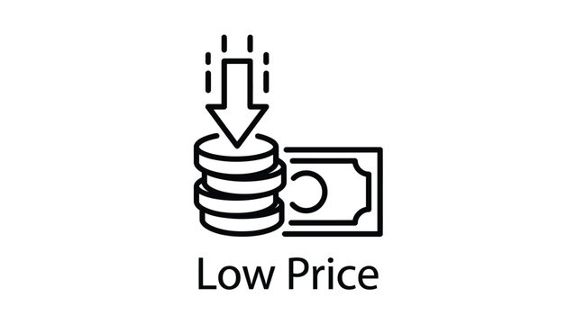 Minimalist financial concept icon featuring stacked coins and downward price arrow symbol illustration