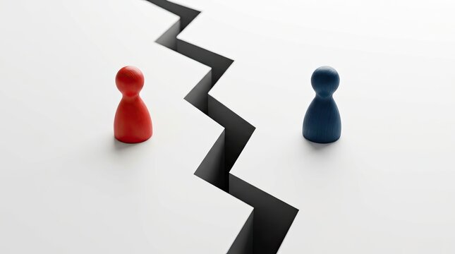 Two colored pawns separated by a black dividing line on plain background with Two small figures stand opposite sides deep black split line against flat surface contrasting colors symbolic division